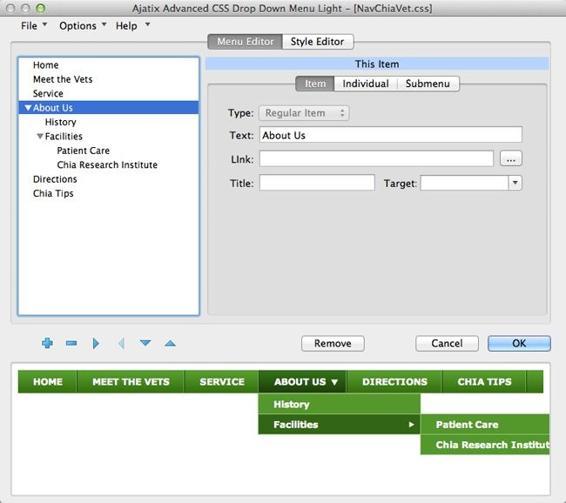 You’ll find everything you need to change the structure of your menu under this panel’s Menu Editor tab. As you make changes, Dreamweaver previews the results at the bottom of the panel. The menu actually works, so you can click submenus to open them. The structure of your menu is displayed in the list on the left. Use the buttons below to add, move, and rearrange items. You can edit the text, links, or label for any item you select in the list. Want to remove a menu from a web page? Click the Remove button.