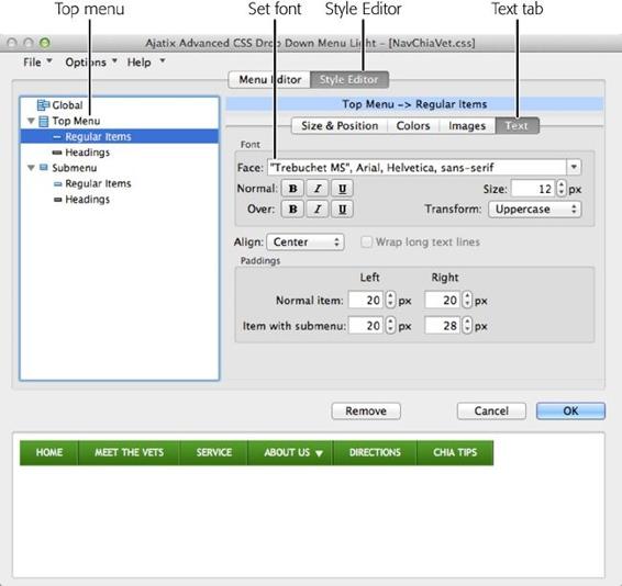 To change the appearance of your menus, click the Style Editor button and then, in the lower row of buttons, choose the type of change you want to make: Size & Position, Colors, Images, or Text (selected). You make changes using the editor’s buttons, boxes, and drop-down menus. Behind the scenes, Menu Light writes the CSS that creates the styles you specify.