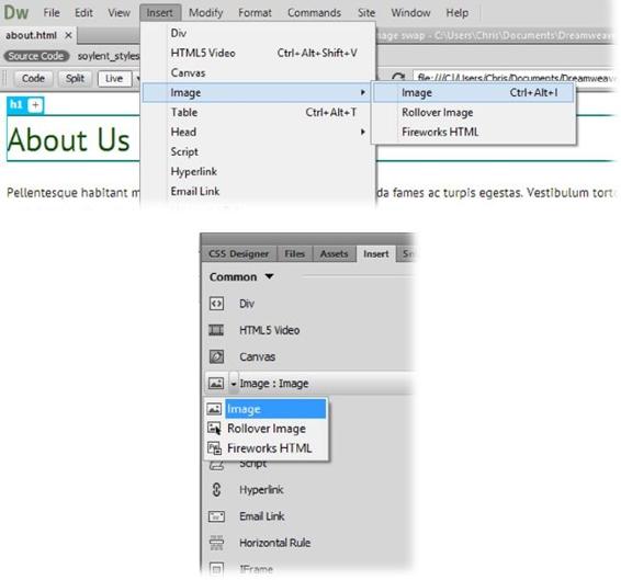 Top: The Insert→Image menu has a submenu that lets you insert three types of images. To insert an ordinary picture, choose the first option, Image.Bottom: The Insert panel works the same way. Click the triangle button to open the menu. Because the buttons on the Insert panel remember the last option you chose, you see that choice listed in the panel commands. That’s why you see “Image : Image” here. To insert another image, just click the “Image : Image” button — no need to futz with the submenu. Many designers keep the Insert panel open while they design a page because it’s a fast, easy way to pop elements into a page.