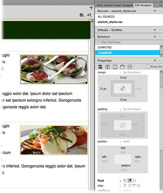 In CSS Designer’s Properties section, the Layout category contains some of the most-used CSS properties. Use the float property to align images and other page elements to the left or right. Use the margin property to add or remove space between elements (like the edge of a right-floated image and the text that wraps around it). Use the padding property to add space between the content inside an element and the edges of that element.