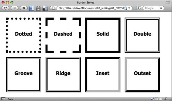 CSS offers eight border styles. Some, like double, ridge, and groove, look good only with a thick border (more than 1 pixel wide).