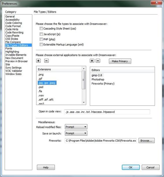 You can tell Dreamweaver to use a specific program to edit different types of files, such as GIF, JPEG, or PNG files. If you have .fla (Flash files), .mp3 (music files), or other types of non-HTML files on your site, you can assign programs to those file types as well. Double-clicking the filename in the Files panel launches the associated editing program.