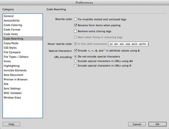 You don’t want Dreamweaver trying to “fix” some types of code. For example, many server-side programming languages mix HTML and server-side code in a way that confuses Dreamweaver’s code-rewriting tool. For that reason, turn on the checkbox next to “Never rewrite code.” The text box to the right of that lists the most common server-side file extensions, such as .php and .asp. If you write pages that end in an extension not listed — for example, Ruby on Rails files end in .rb — add the extension in this box.