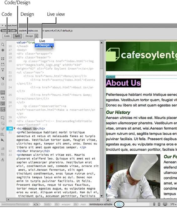 In Split view, you can display raw code right beside the visual Design view. When you select an object in the visual half (like the selected “About Us” headline on the right), Dreamweaver selects the corresponding HTML in the code half (the highlighted <h1> tag in Code view) — a great way to identify an object in your HTML. As you work in one half of Split view, Dreamweaver updates the other half. Use the buttons (labeled) in the document window’s toolbar to jump between the views. (Notice that the Tag Selector at the bottom of the document window also identifies the tag you selected [circled].)