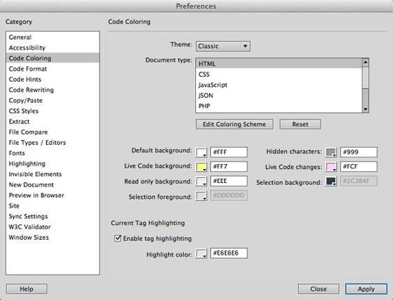 From Dreamweaver’s Preferences window (Edit→Preferences in Windows, Dreamweaver→Preferences on Macs), you can control the hue Dreamweaver uses to color-code your web page’s HTML, CSS, and script in Code view. Select the Code Coloring category, choose the type of document you’re working on — HTML, CSS, PHP, or whatever — and then apply one of the themes. For even more fine-tuning, click the Edit Coloring Scheme button. That displays another dialog box (not shown here) with even more options, where you can customize colors for nearly every syntactical element in Code view.