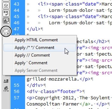 Dreamweaver’s Coding toolbar lets you wrap HTML, CSS, JavaScript, and other code within comment characters. Select the code you want to turn into a comment, click the Apply Comment button (circled), and then select the type of comment you want to add. Use an HTML comment to “comment out” (hide) HTML code; the /* */ option to hide multiple lines of CSS, JavaScript, or PHP; the // option to hide each line of JavaScript or PHP code; and the ‘ option to hide VBScript code. The last option, Apply Server Comment, hides server-side code; use it to comment out both HTML and server-side programming code in one step. To remove a comment, select all the code (including the comment markers), and then click the Remove Comment button (hidden in this figure; it’s just below the Apply Comment button).