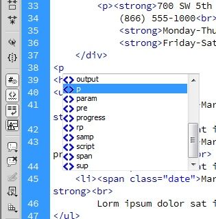 Dreamweaver’s Code Hints feature saves your tired fingers from typing tags and tag properties. As soon as you type <, the program launches a list of tags. Select the one you want, and Dreamweaver types it in for you. Dreamweaver is even thoughtful enough to show you all the available CSS styles when you add a class attribute to a tag.