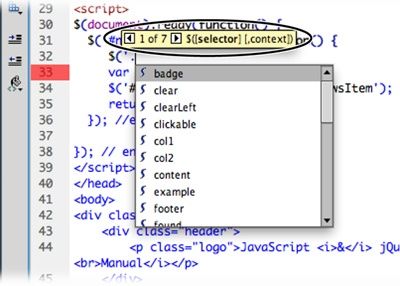 Dreamweaver offers help for jQuery programming, including a drop-down code hint window for selecting classes (pictured here) or ID names used on a page, or in a page’s CSS.