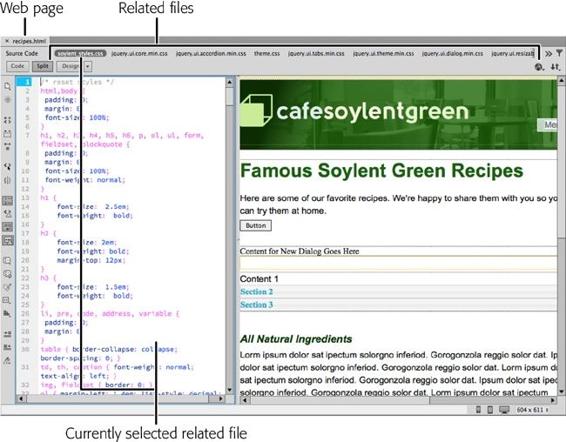 The Related Files toolbar is a big help for JavaScript programmers, server-side programmers, and those who like to code their CSS by hand. It gives you instant access to any CSS or programming file the current web page uses, so you can quickly summon and edit its CSS, JavaScript, or server-side programming. That saves you a trip to the Open File dialog box and the need to hunt and peck through your files to find the right one.