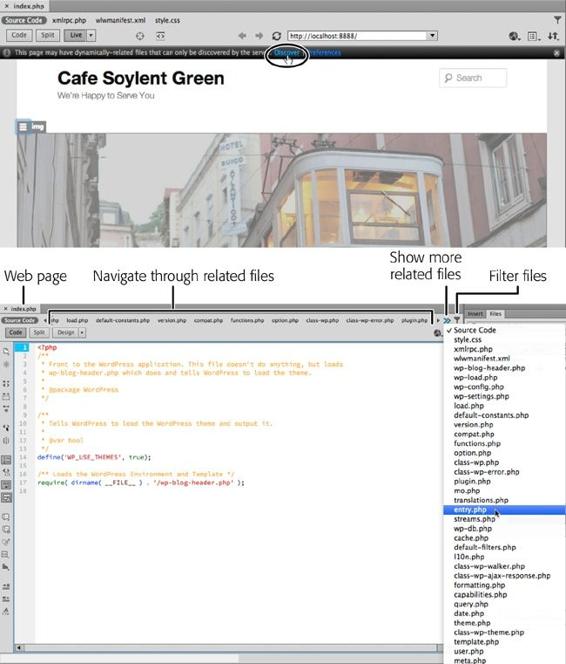 With PHP pages, you need to click the Discover link (top) to find all related PHP files. You work on a related file by clicking its name in the Related Files toolbar, or, if there are more filenames than can fit there, by clicking the Show More button (bottom).