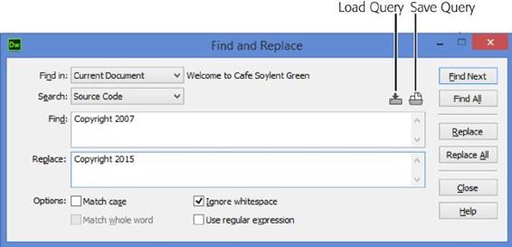 Dreamweaver’s “Find and Replace” tool lets you replace text and HTML code quickly and accurately. By using the Save Query and Load Query buttons, you can even save complex searches and reuse them later.