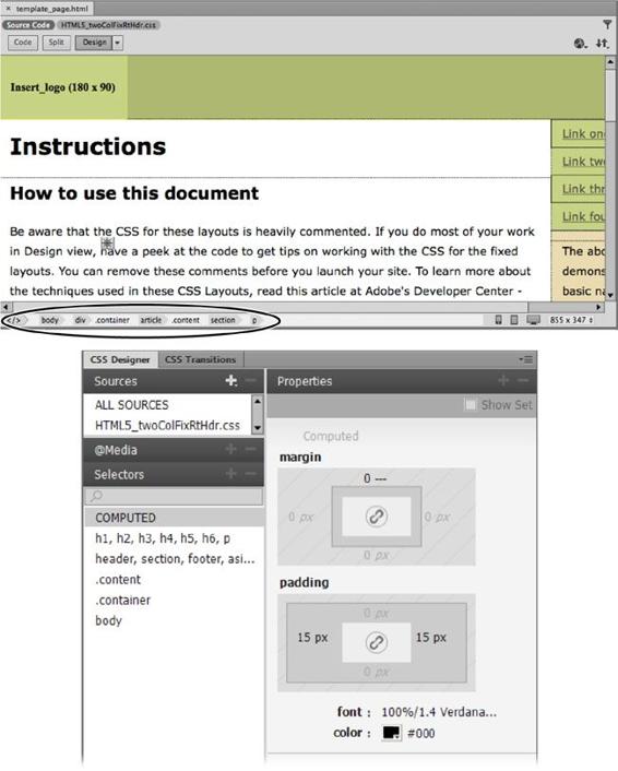 Finding the style that formats a particular tag can be tricky — unless you use Dreamweaver’s Tag Selector (top) and CSS Designer’s Computed view (bottom). That way, you can quickly identify and edit a style applied to any tag on a page.