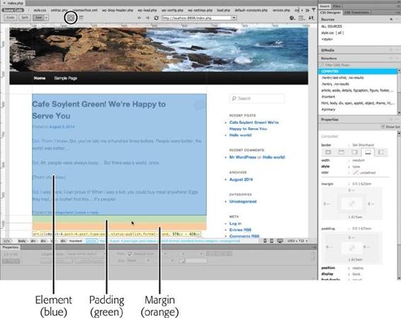 Dreamweaver’s Inspect mode is a great way to see which CSS styles affect which elements on a page. It’s especially useful for pages with a lot of JavaScript-created elements (like drop-down menus and tooltips), or pages that include server-side programming, like PHP files. This figure shows a post from the popular WordPress blogging system. In WordPress and other “content management systems” like Joomla and Drupal, web “pages” aren’t individual files like the ones you’ve been building in this book, they’re dynamically created screens that pull information from a database and construct the HTML for the page on the fly. Live view lets you see what a page created with server-side programming looks like in a browser; Inspect mode lets you analyze the CSS that formats the different parts of the page, as shown here.
