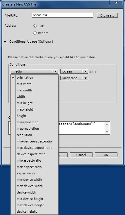 Using the Conditional Usage option in the “Create a New CSS File” window, you can develop media queries while you link an external style sheet to your page. You build your query by adding conditions. Here, the first condition queries the destination device about a media setting (“media”), specifically, the device’s screen size (“screen”). The menu for the next condition is open, showing the variety of media queries Dreamweaver supports.