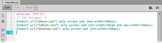 Here, a site-wide media queries file, sitewide.css, is open in Code view so you can edit it. Three lines of code identify the external CSS files that apply different formatting depending on the width of the destination screen.