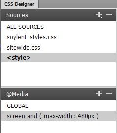 With the internal style sheet <style> selected in the Sources section of CSS Designer, you see the media queries that Designer uses in the Media section. In this example, you have a media query called “screen and (max-width:480px).” If there were other queries in <style>, Dreamweaver would list them here, too. If you select a source and don’t see any queries in the Media section, that style sheet has no media queries.