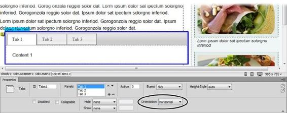 The jQuery UI accordion and tabbed panels widgets perform similar jobs, so it’s not surprising to see similar properties for both. One place they differ is the Orientation property (circled), where you choose whether your tabs align horizontally or vertically on the page. Here you see the horizontal orientation, which has the tabs at the top. The vertical orientation puts the tabs on the left side of the screen.