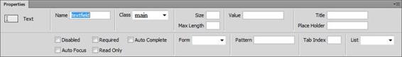 When you select a form element, the Properties panel displays its attributes. Many elements have Name, Value, Class, Title, Form, and Tab Index properties. It’s not necessary to set properties for every little box in the panel, but it’s always a good idea to change their names to something descriptive. For accessibility purposes, you should always add a title in the Title box.