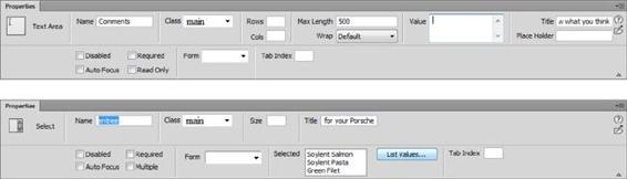 The Properties panel looks slightly different depending on the type of form element you choose. The Text Area form element (top) handles large amounts of text, like comments or (gasp!) complaints. When you place the Select form element (bottom) on a page, visitors choose from a set of predefined menu options.