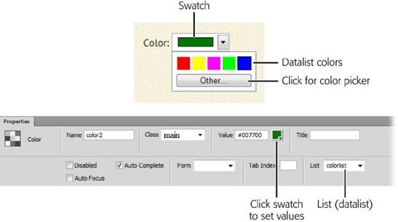 Top: When guests see a form that uses the color element in the Chrome and Opera browsers, it looks like a single color swatch. When they click the swatch or menu button, the color element opens, offering other options.Bottom: You set the starting swatch color value at design time in the Properties panel. To display a few color options as shown in the top image, create a datalist (described in ) and link it to the color element using the List menu.