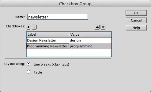 The Checkbox Group dialog box lets you quickly add multiple checkboxes to a page.