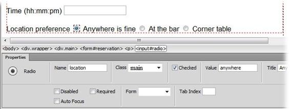 Selecting the Checked option for a radio button ensures that a browser preselects that button. In other words, if you want to make one button in a group of buttons the standard answer, set its initial state to Checked. The same setting works for checkboxes.