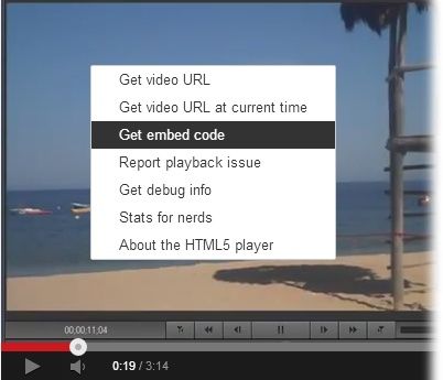 Right-click (Control-click) any video on YouTube and you see this menu. Choose “Get embed code” to get the code you need to add the video to your web page. If you just want to share the video with a friend, choose the first option, “Get video URL,” to get the address of the YouTube page — you can then paste it into an email or instant message.