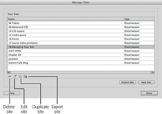 The Manage Sites window is the control center for your sites. Add new sites, edit old ones, duplicate a site definition, and even export site definitions for use on another computer, or as a precautionary backup.