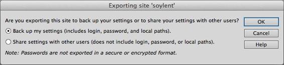 This dialog box lets you back up your site settings or share them (minus your login information) with other people.