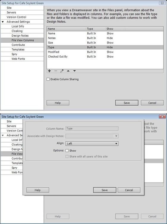 Use the File View Columns category to show or hide columns in the Files panel. You can rearrange the columns by selecting one and clicking the up or down arrow (top image). The up arrow moves the column to the left, while the down arrow moves it to the right. You can also use the File View Columns category to work with Dreamweaver’s collaborative note-sharing feature called Design Notes (bottom). Instructions on using Design Notes start in .