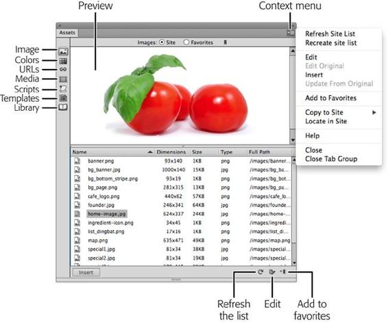 Dreamweaver duplicates most of the Assets panel’s drop-down menu commands in this static Assets panel, but three options appear only on the drop-down menu (upper-right corner). “Recreate site list” comes in handy if you add or delete files without Dreamweaver’s help, using Windows Explorer or the Mac Finder. It rebuilds the site cache and updates the site’s list of assets. “Copy to Site” copies the selected asset to another site. “Locate in Site” switches to the Files panel and highlights the file. You can also open the context menu by right-clicking (Control-clicking) any asset in the list.
