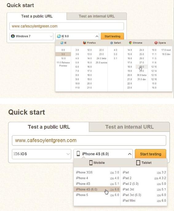 BrowserStack lets you preview individual web pages or entire sites. You can choose an operating system and a specific version of a browser simply by choosing options from a menu.Top: Here are the browser options available when you choose the Windows 7 operating system.Bottom: There are fewer options when you choose the mobile iOS operating system, but your choices include several models of tablets and phones.