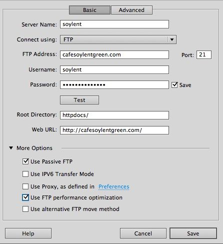 To connect to a server, you need to know its Web address (which is usually its FTP address), the FTP user name and password, and the name of the folder where the server stores your files. You get all this information when you sign up with a web hosting company. You usually don’t need to change the More Options settings when you transfer files using FTP, though they can help if you’re having connectivity problems (see the box in ). (If you use SFTP, the More Options menu doesn’t appear.)