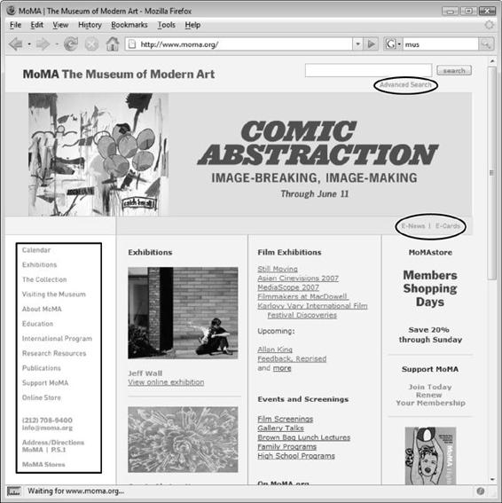 Library items are a great way to store small chunks of HTML you use frequently. Here, on an old version of The Museum of Modern Art’s home page, many of the navigation options (circled) are Library items. If the Museum needed to add or remove a navigation link, it could simply update the Library item and change every page on the site in one step. In fact, since a Library item is a chunk of HTML, you could replace the left-hand navigation bar with plain-text links (instead of graphics), or any other valid HTML code.