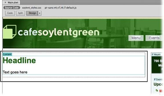 Here’s a template file with an editable region. If you don’t see the blue-green box representing the region, you may have turned off the display of invisible elements. To turn them on, choose View→Visual Aids, and then click Invisible Elements.