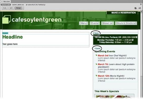 Dreamweaver identifies optional regions with a blue-green tab and the word “If.” In this case, there are two optional regions (circled), one named Hours, the other Events. You can show or hide either region on a page-by-page basis.