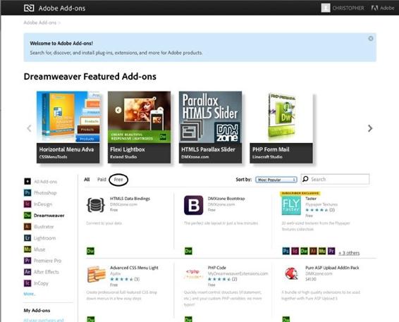 When the Adobe Add-ons website first opens, you see a few featured at the top of the page. Use the left and right arrows to see more. Click the Free category (circled) to see all the free programs. Click an add-on name to see more details, like preview screens, ratings, and a detailed description. The site offers several pages of add-ons for Dreamweaver.
