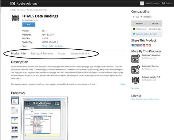 Each Add-on screen shows a bar with four categories of additional information: Product Info, Ratings & Reviews, Notes, and “Where to find it.” The description section almost always includes screenshots, so you can learn a little about how the add-on works. The Ratings & Reviews and Notes categories often disappoint by being empty. On the other hand, “Where to find it” provides useful information if you have trouble downloading and installing the add-on in the usual manner, described in .