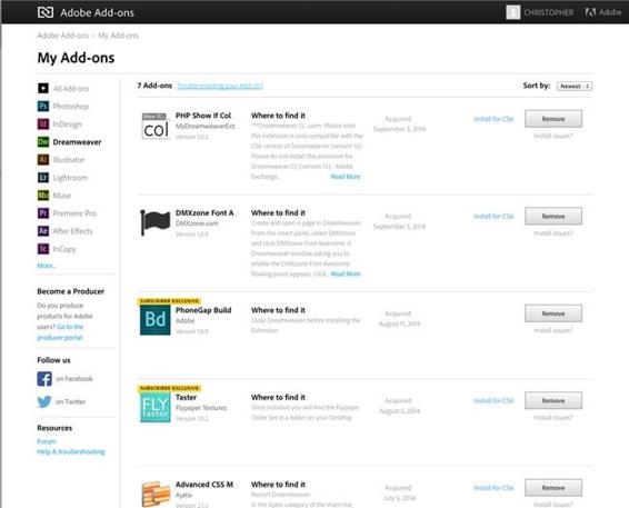 Your personal My Add-ons page lists all the add-ons you’ve installed for all your Creative Cloud applications, not just Dreamweaver. Under the add-on’s name, click the developer’s name to view details about the creator. To remove an add-on, click the Remove button on the right side of the My Add-ons page.