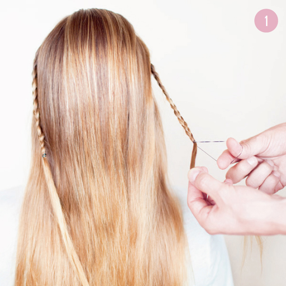 1 Brush your hair back. Pull out a section of hair at the temple on each side and braid each section toward the back, securing with small elastics