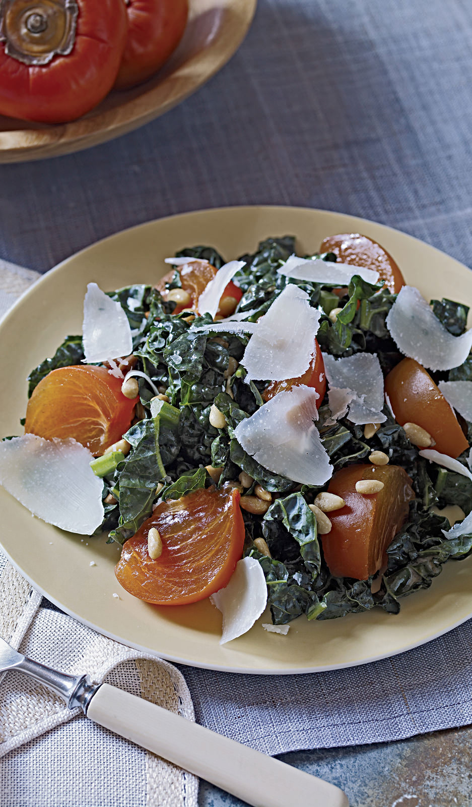 Kale Salad with Fuyu Persimmons, Pine Nuts, and Pecorino