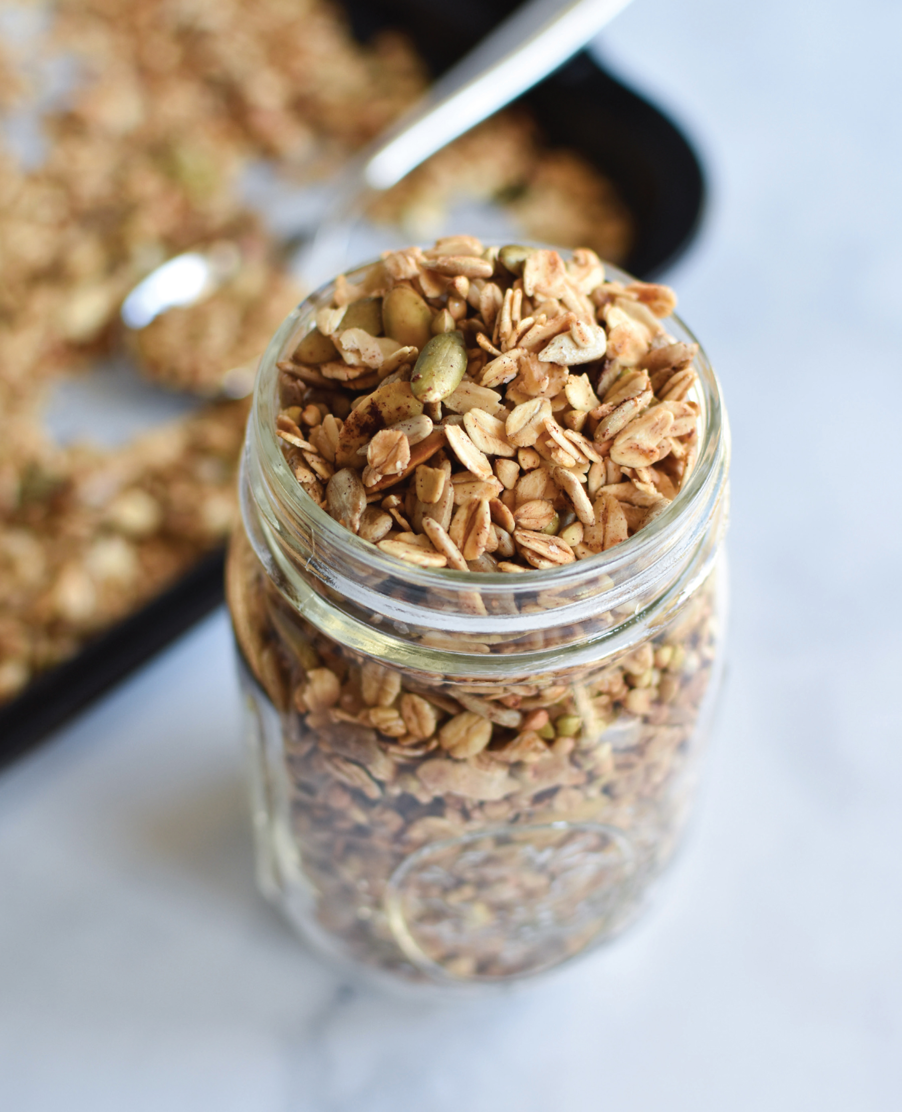 Migraine-safe crunchy buckwheat granola in Mason jar