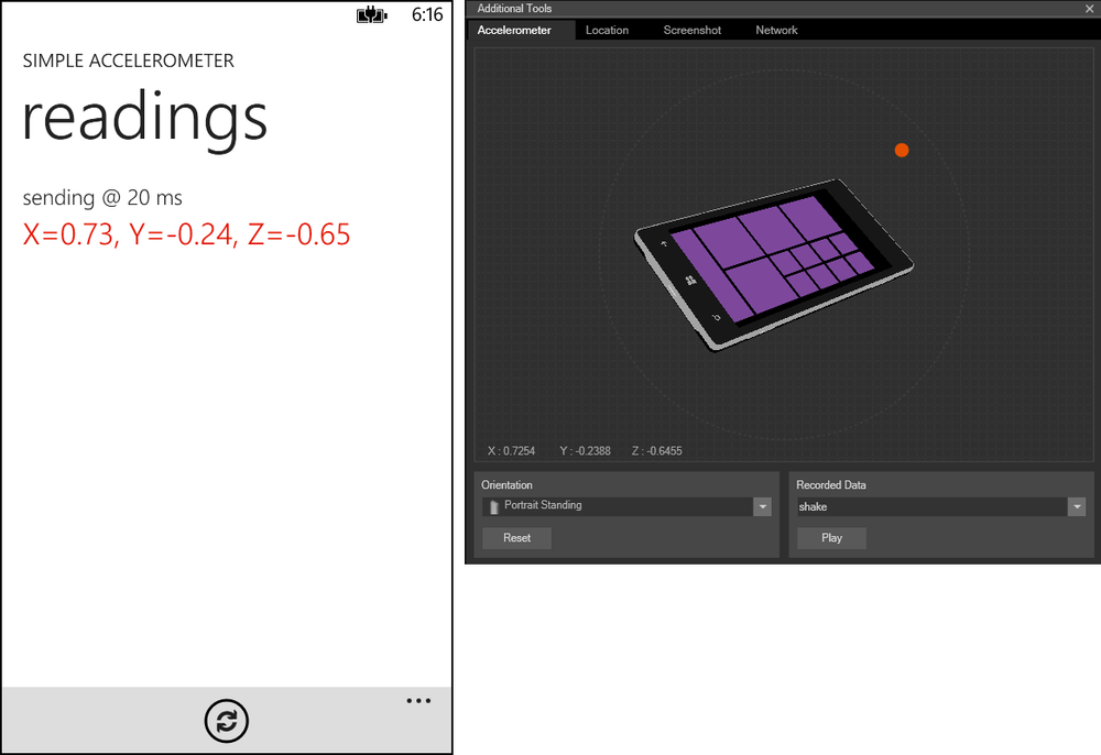 A screenshot of the SimpleAccelerometer solution running in the emulator, with the emulator’s Additional Tools window open to the right, on the Accelerometer tab. In this example, the user has manipulated the orange dot in the Accelerometer tool window to rotate the image of the device to an arbitrary position. The Accelerometer tool window displays the axis values, and the app itself also displays corresponding axis values. In this example, the values are X=0.73, Y=−0.24, Z=−0.65.