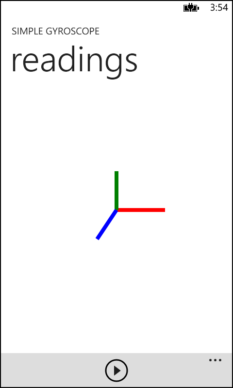 A screenshot of the SimpleGyroscope solution in action. In the center of the screen are three colored lines (red, green, and blue). The red line runs from the center toward the right edge; it represents the X axis. The green line runs from the center toward the top; it represents the Y axis. The blue line runs from the center toward the lower-left corner; it represents the Z axis.