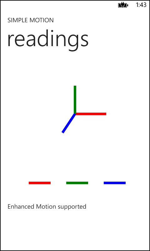 A screenshot of the SimpleMotion solution in action. As with the SimpleGyroscope solution, this shows the same three colored lines to represent the X, Y, and Z axes. In addition, below that are three more colored lines, each running horizontally from left to right. These represent the phone’s pitch, roll, and yaw values.