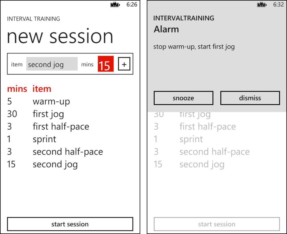 Two screenshots, side by side. In the screenshot on the left, the app shows a box at the top containing a TextBox, a LoopingSelector, and a Button. Below that is a list of training session items and a Button at the bottom labeled “start session.” In the screenshot on the right, an alarm message box is overlaying the app screen.