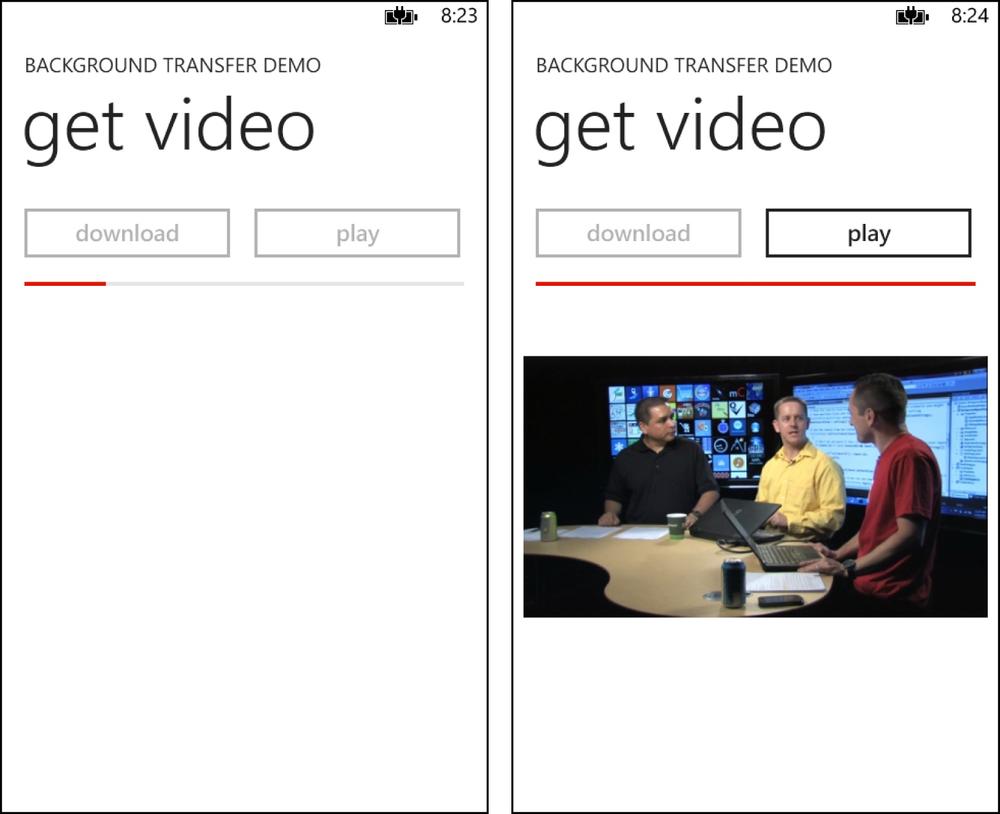 Two screenshots, side by side. The screenshot on the left shows the app with two buttons labeled “download” and “play,” both disabled and grayed-out. Below that is a progress indicator showing that download is in progress. The screenshot on the right shows the download button still disabled, but the play button is now enabled. The progress indicator shows download is complete. Below that is an image of the downloaded video.