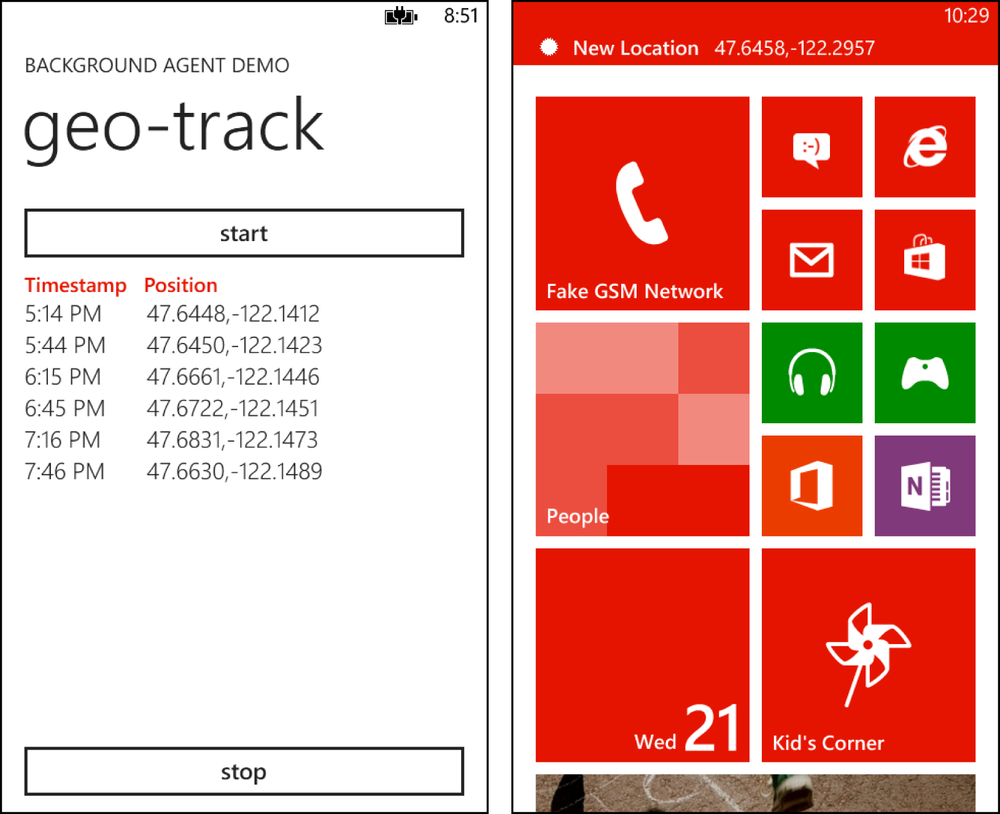 A pair of screenshots, side by side. The screenshot on the left shows the app with a “start” button at the top, a list of time-stamped locations, and a “stop” button at the bottom. The screenshot on the right shows a toast on top of the Start screen displaying new location information.