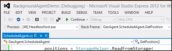 A screenshot of Visual Studio, showing the Debug Location toolbar.