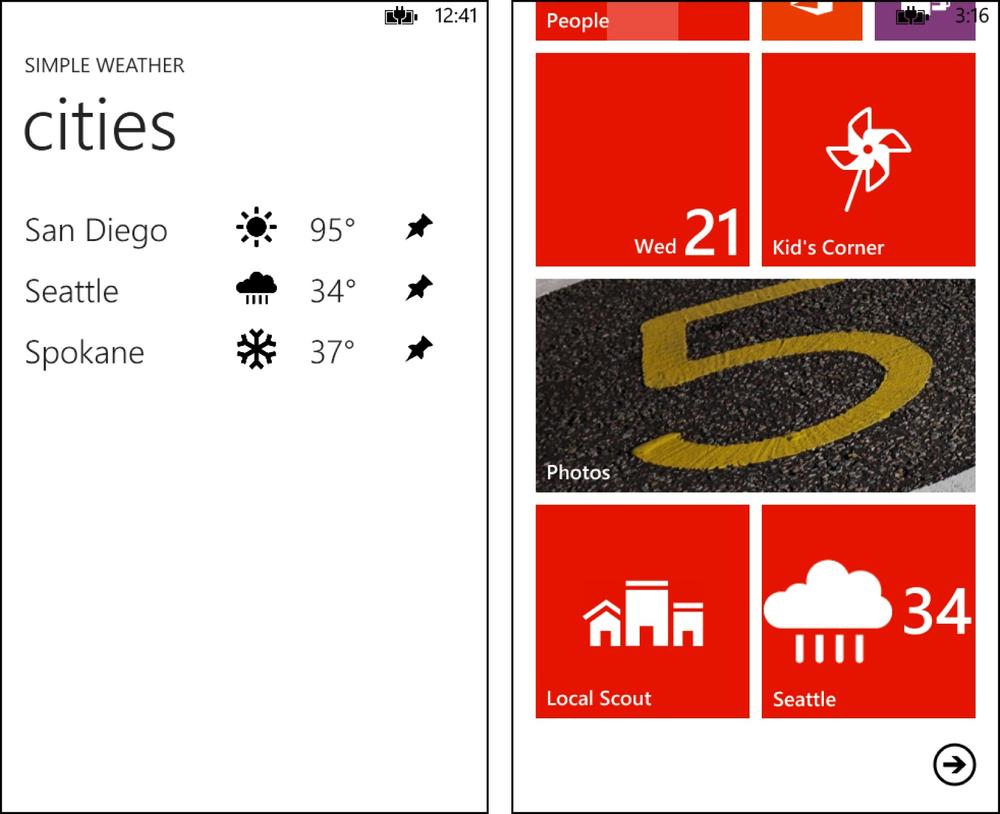 Two screenshots, side by side. The screenshot on the left shows the app with a list of three cities. Beside each city is a weather icon, a temperature, and a pin button. The screenshot on the right shows the Start screen with the weather app tile pinned, showing “Seattle.”